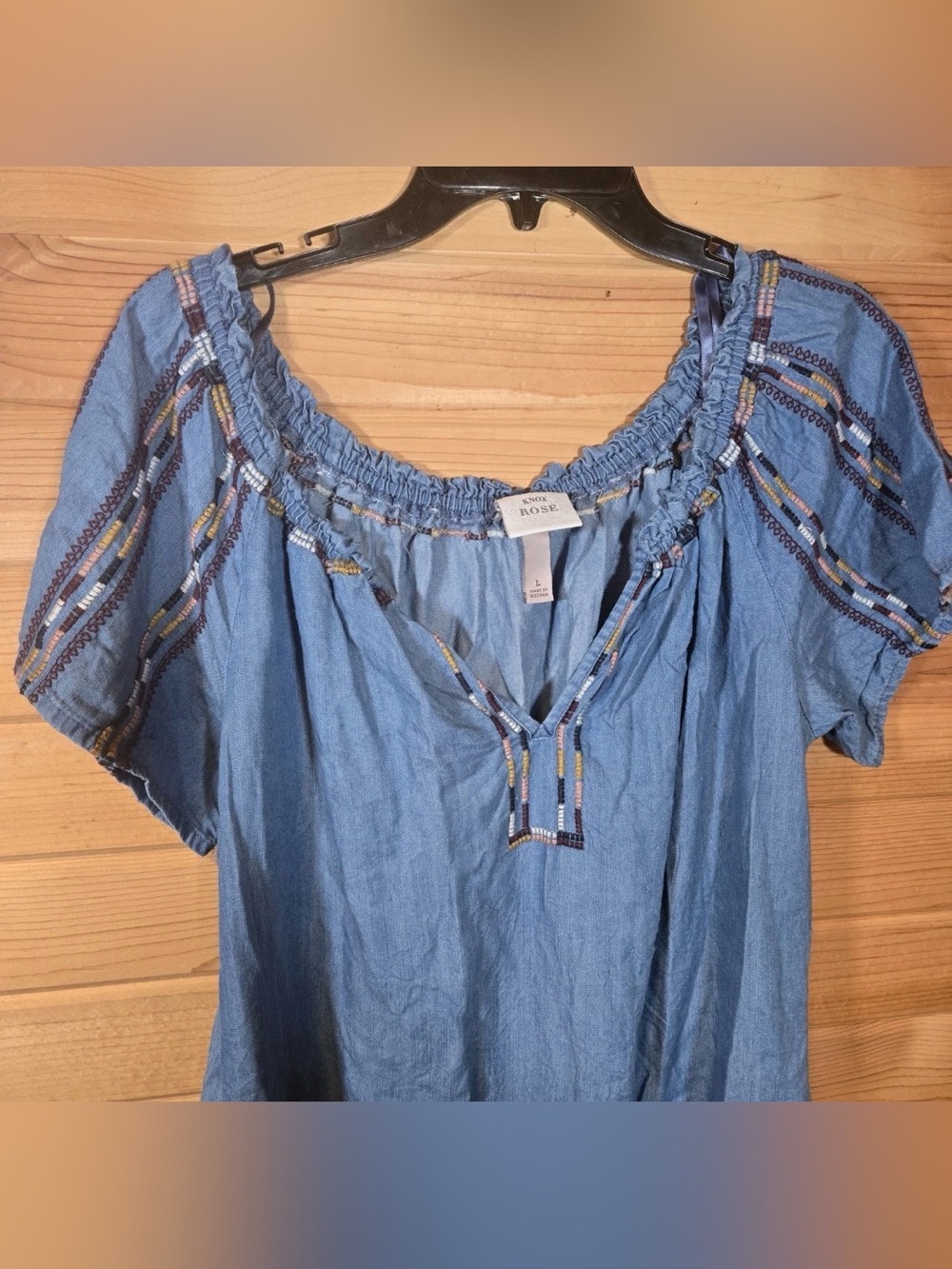 Knox Rose Boho Embroidered Chambray Shirt Dress SZ LG - Picture 4 of 9